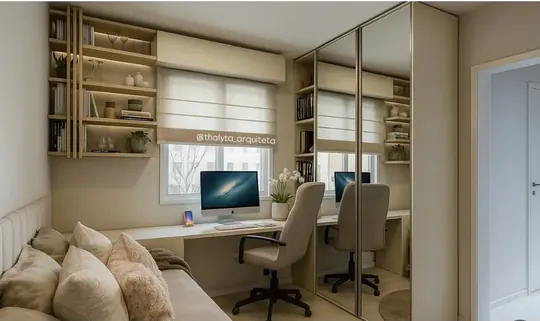 Home Office Duplo: Duas estações de trabalho junto à janela, com estante e área de descanso.